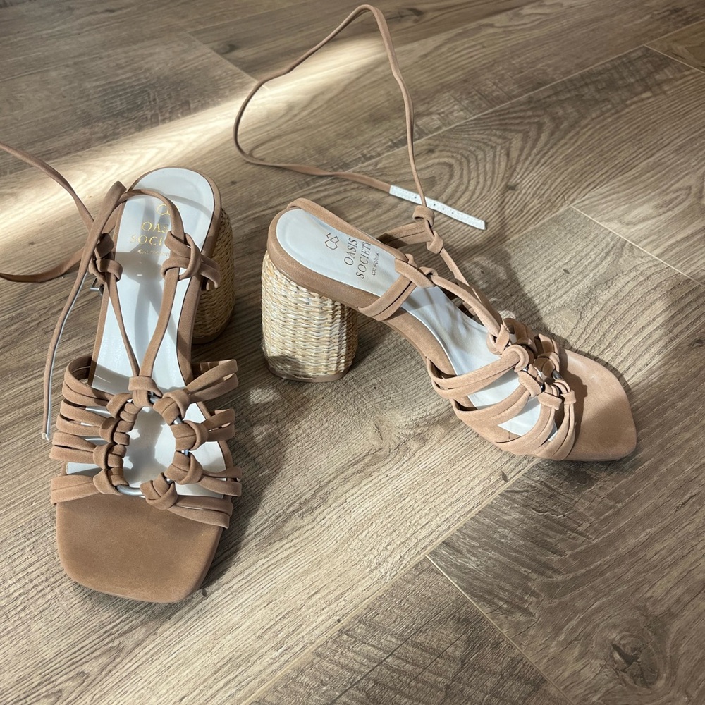 Oasis Society Tan Strappy Sandals with Raffia Block Heel